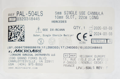 Microaire PAL-504LS 5mm Cannula, 10mm Slot, 22 cm Long